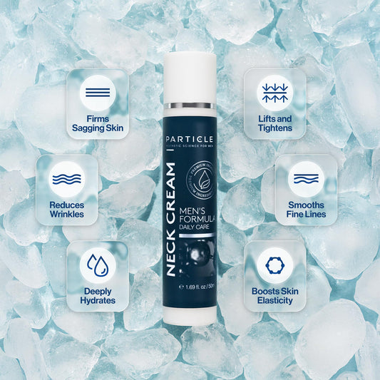 Particle neck cream texture closeup demonstrating smooth, non-greasy finish