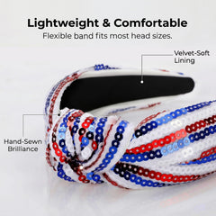 PARTY TELLER close-up of sequins highlighting vibrant red white blue sparkle