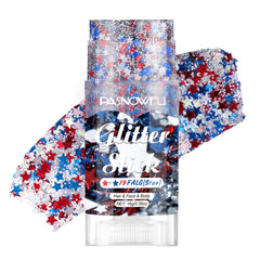 PASNOWFU front packaging of glitter stick showing patriotic colors and portability benefit