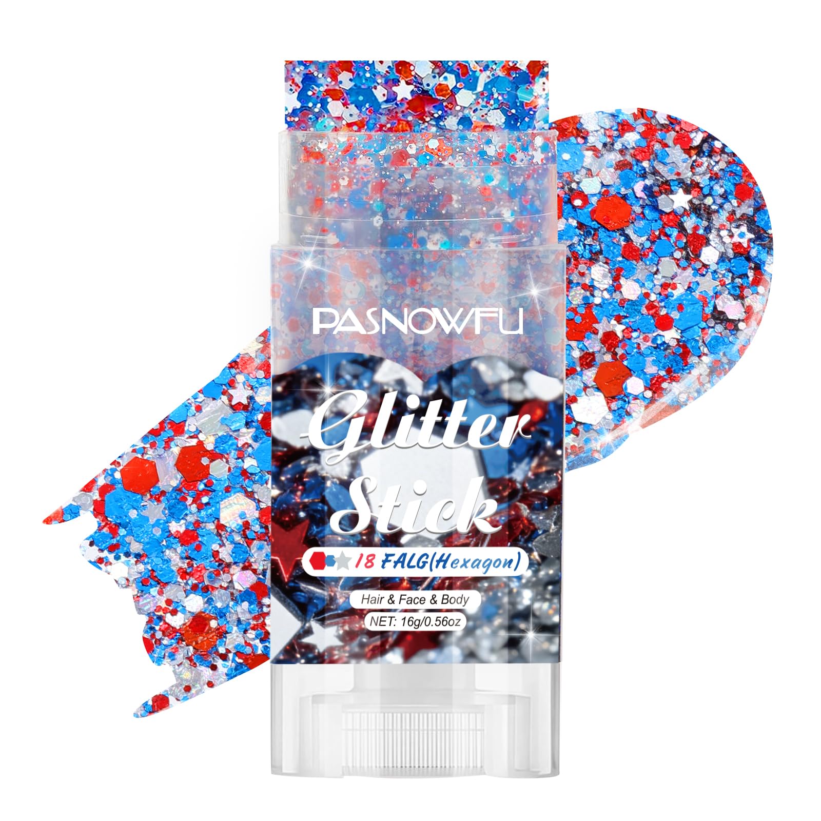 PASNOWFU front packaging showing red white blue glitter stick, easy festival use