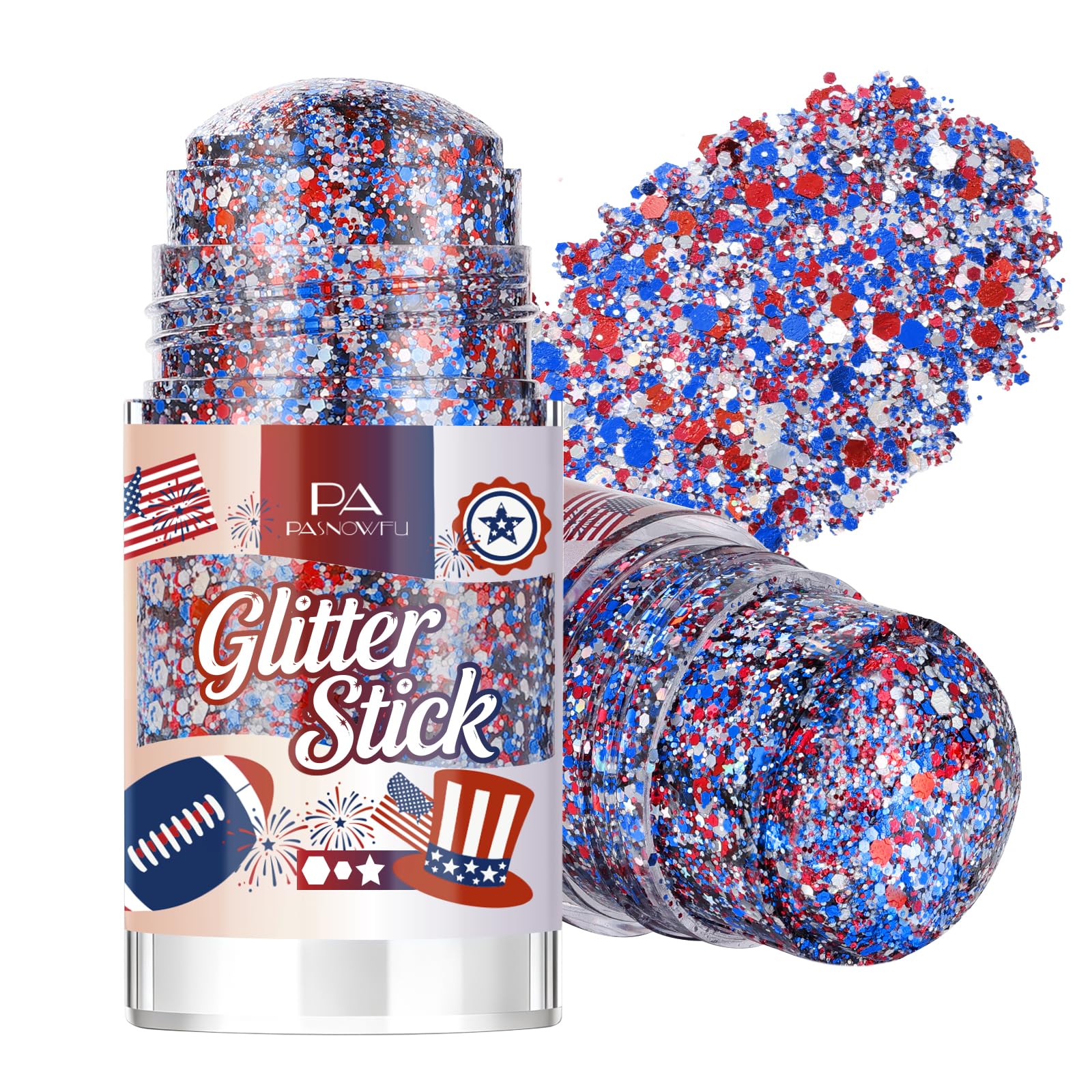 PASNOWFU front packaging showing patriotic glitter stick, bold finish