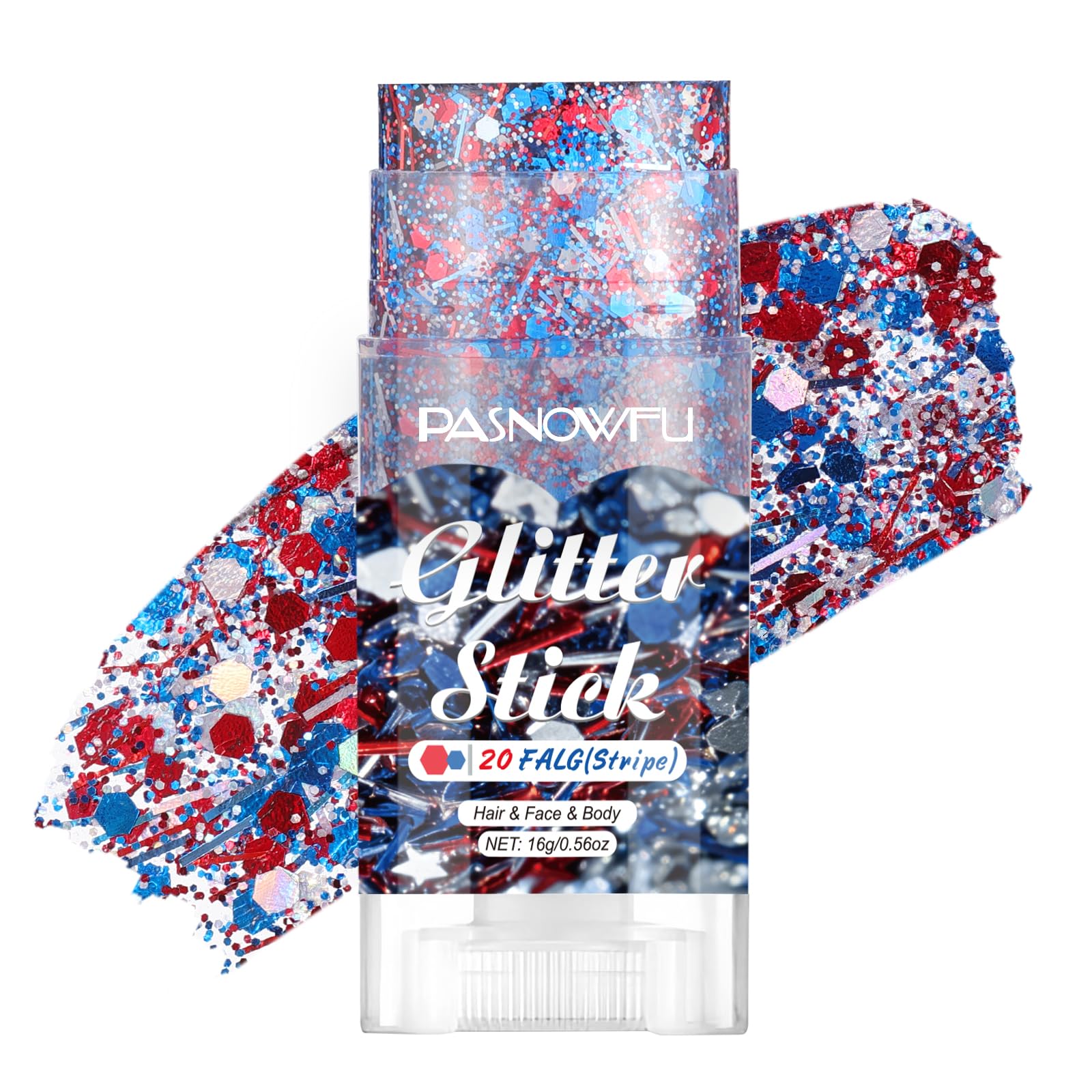 PASNOWFU front packaging showing patriotic glitter stick and quick application benefit