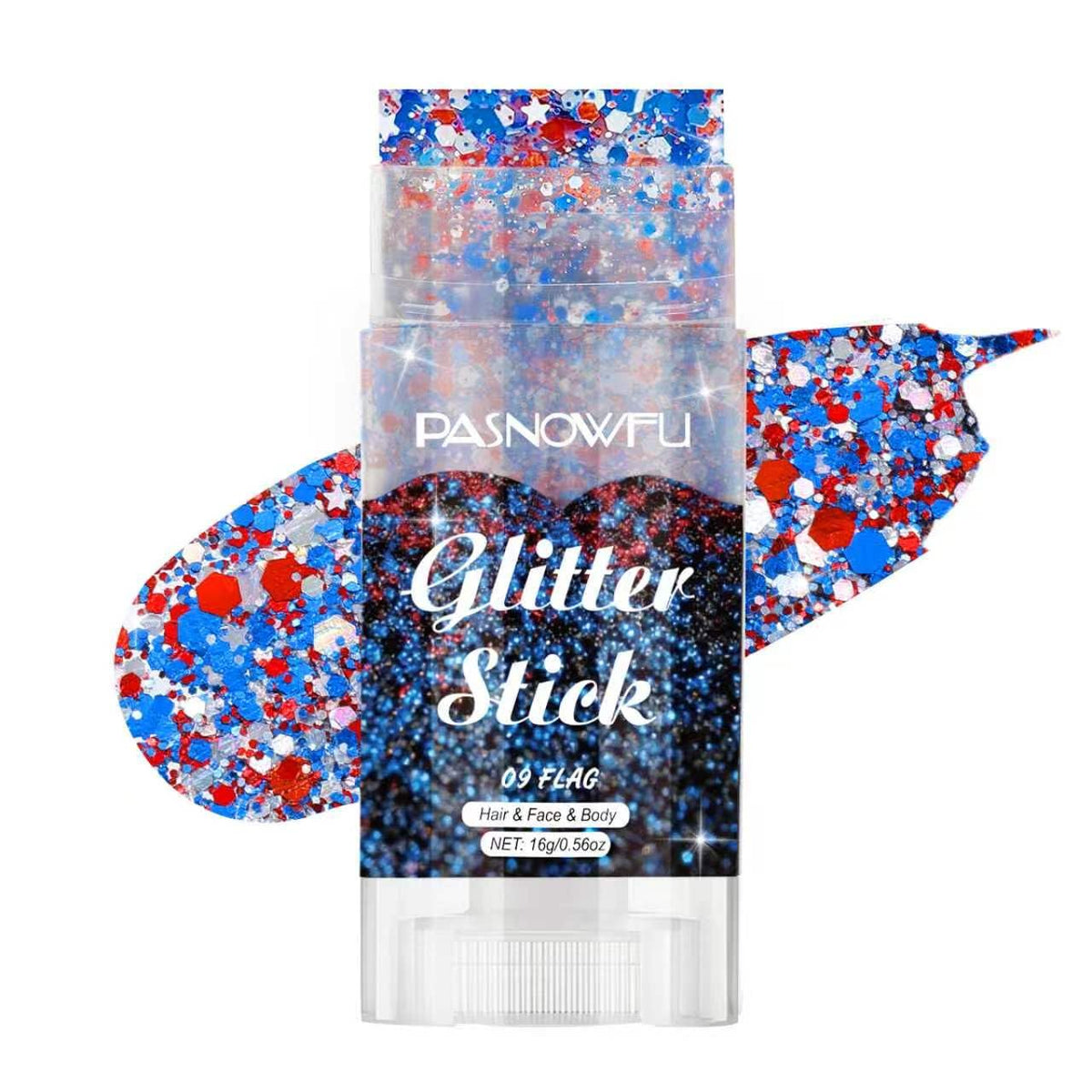 PASNOWFU front packaging showing red white blue glitter stick, clear festival-ready presentation