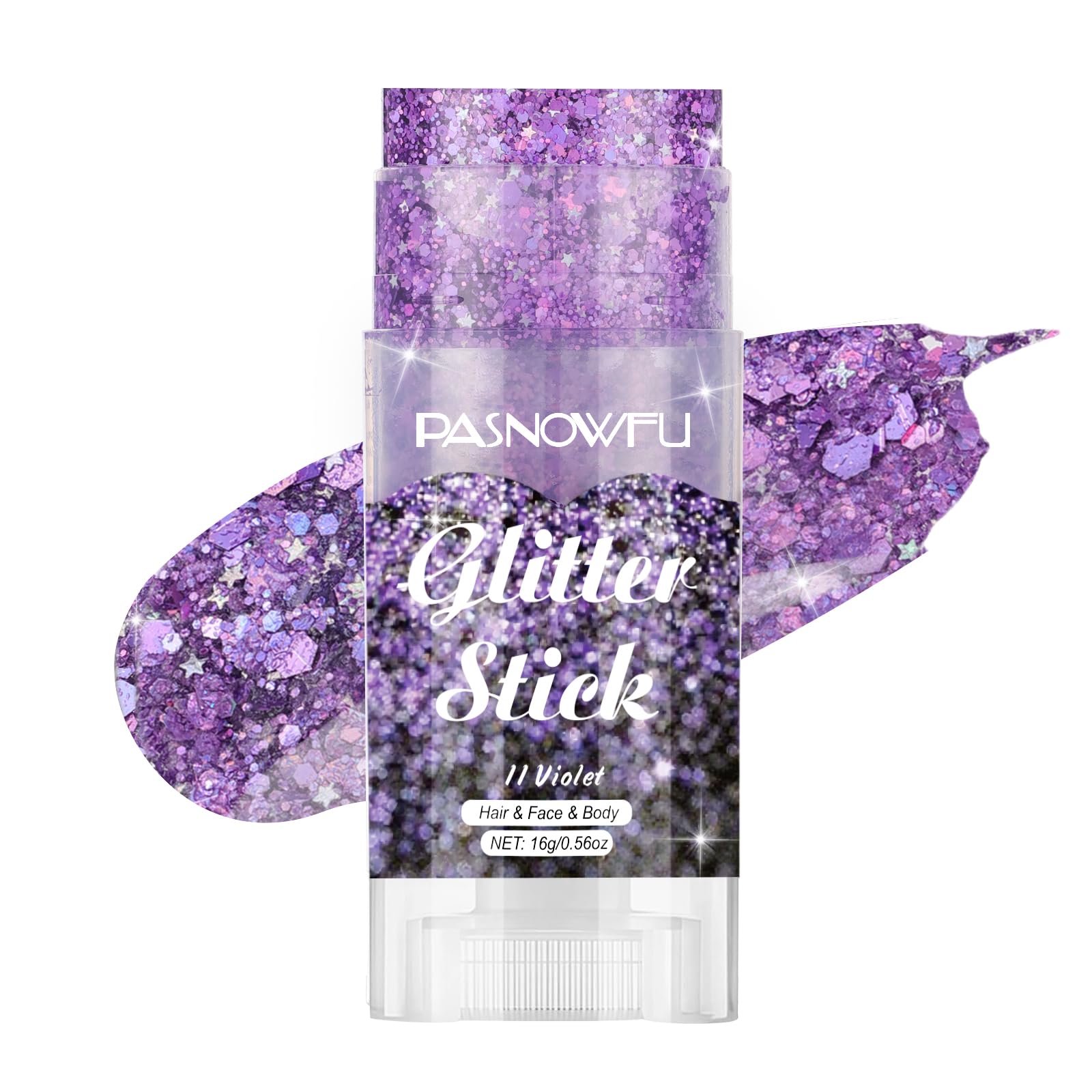 PASNOWFU front view of twist-up violet glitter stick showing compact design and portability benefit