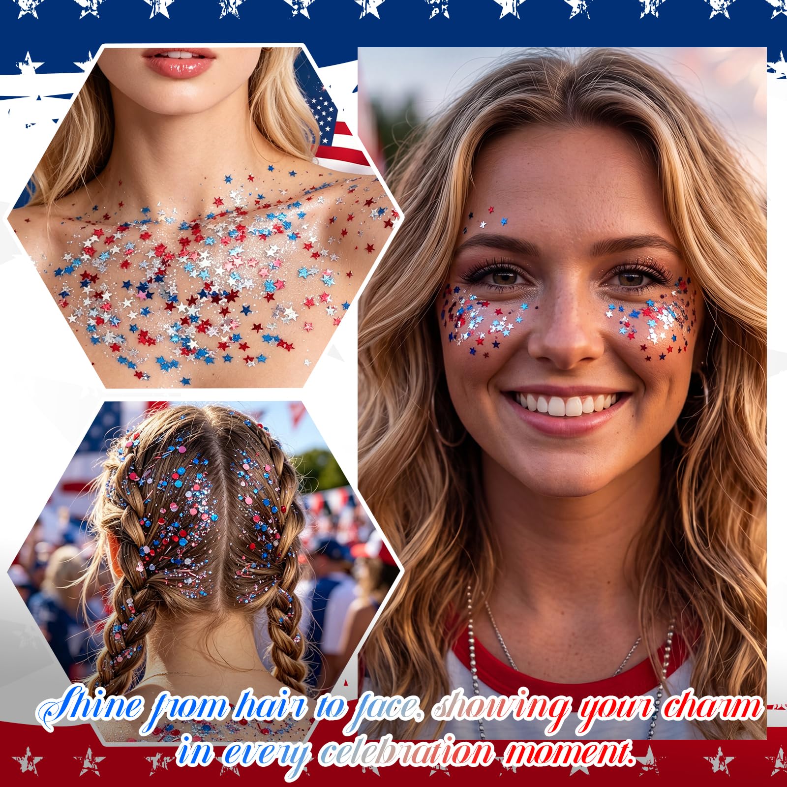 PASNOWFU glitter accent at hairline demonstrating shine and long-wear benefit