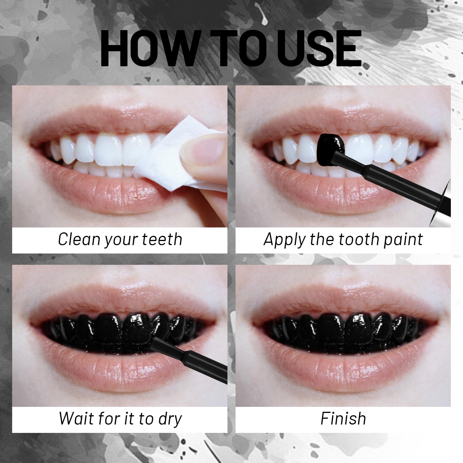 Model applying PASNOWFU paint to teeth, easy application for cosplay looks