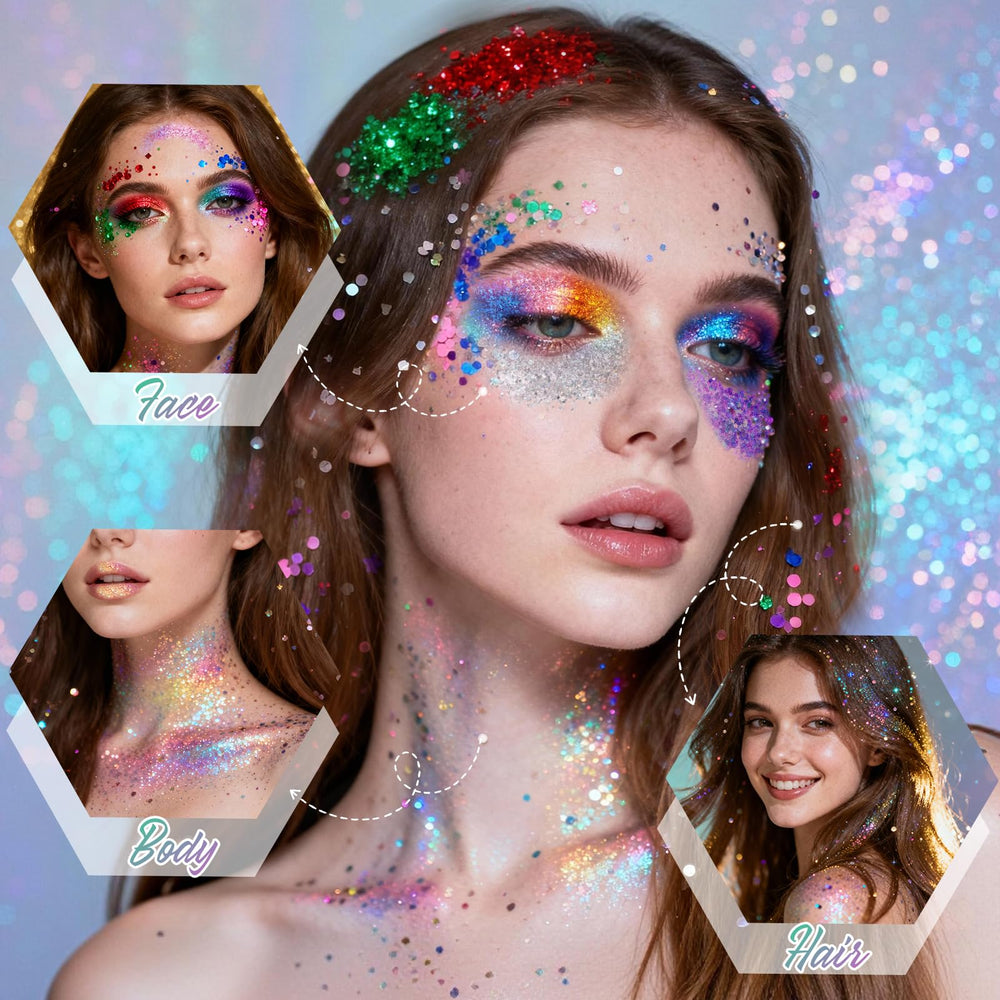 PASNOWFU applied on cheekbone in use, adds bold sparkle for parties and performances