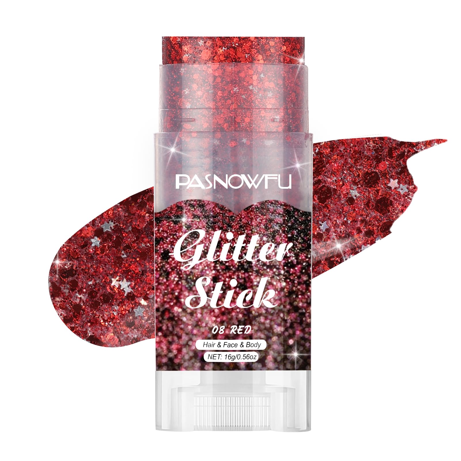 PASNOWFU red body glitter stick front view showing compact twist-up design and easy use