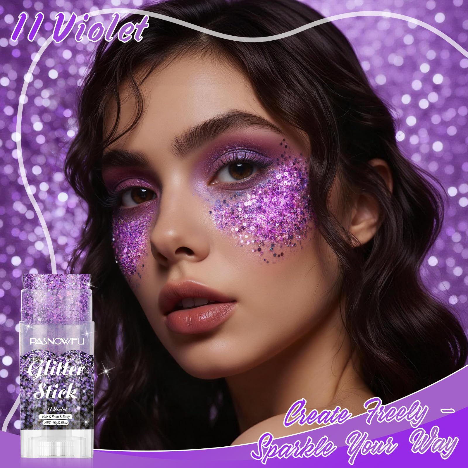 PASNOWFU close-up gel texture revealing sparkling violet particles for precise application benefit