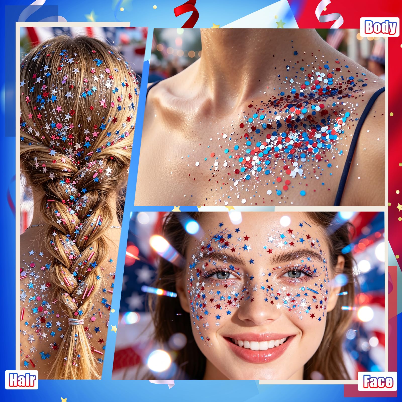 PASNOWFU texture detail of red white blue glitter gel sparkles