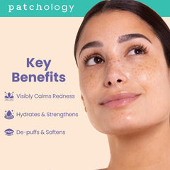 Patchology applied under-eye showing de-puffing effect and instant calm