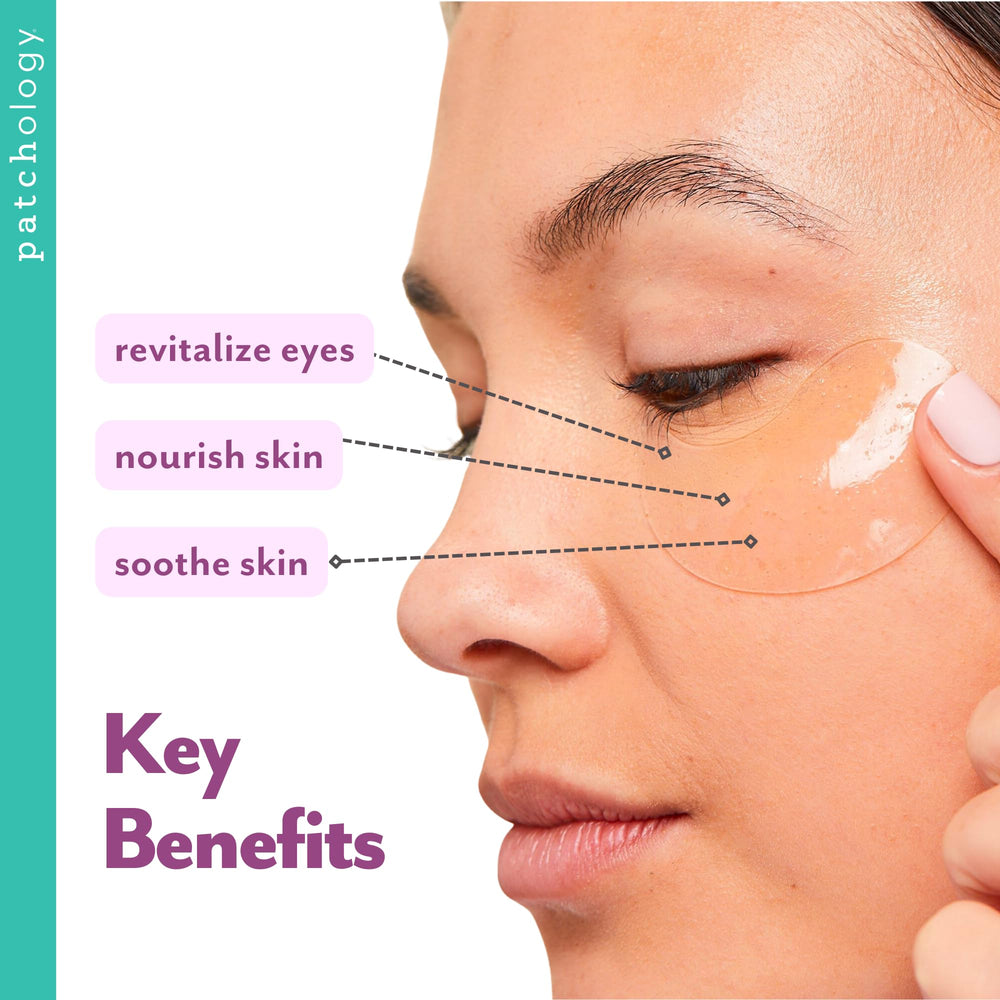 Patchology patches applied under eye demonstrating cooling de-puffing effect