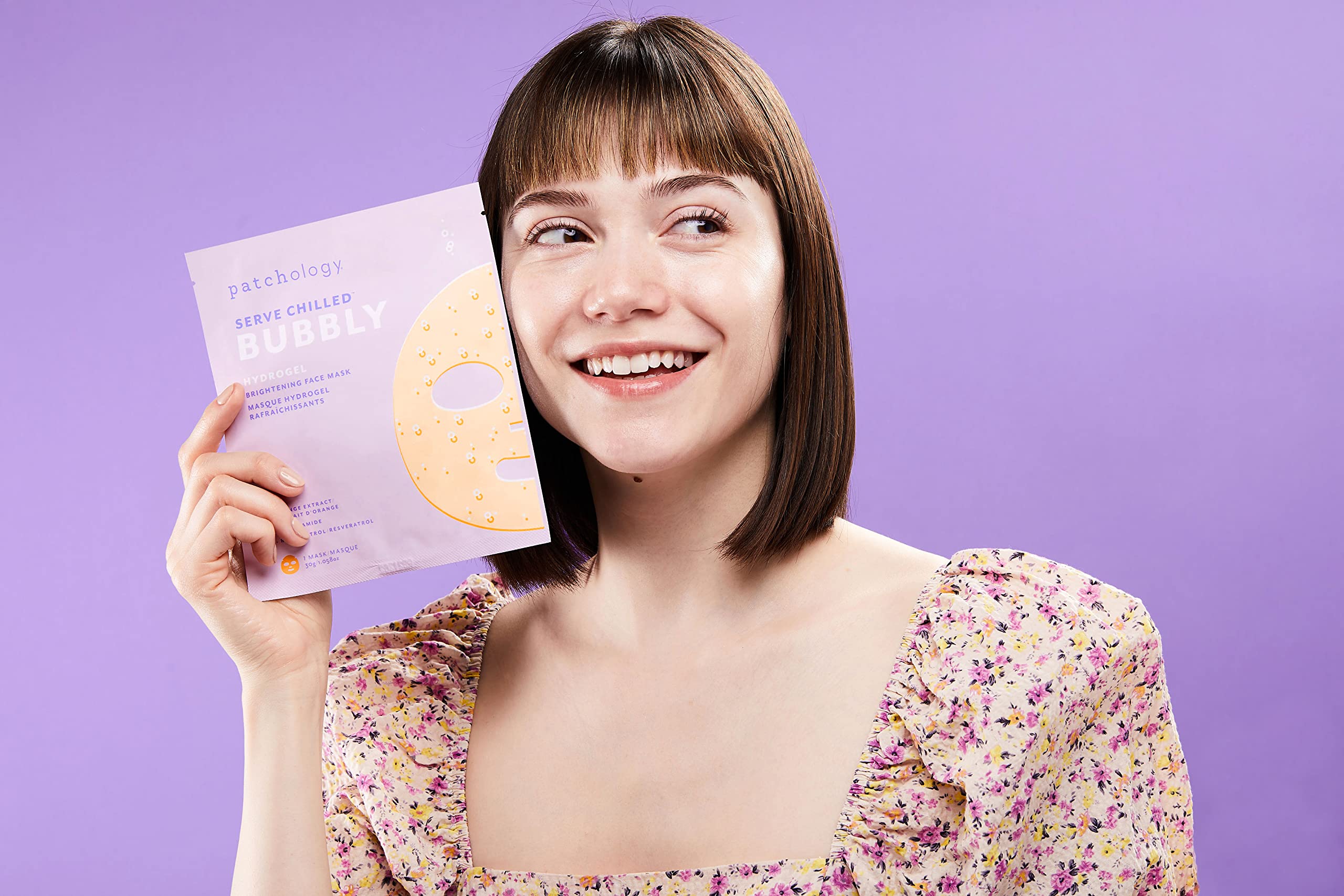 Patchology ingredient display with orange and resveratrol highlighting brightening