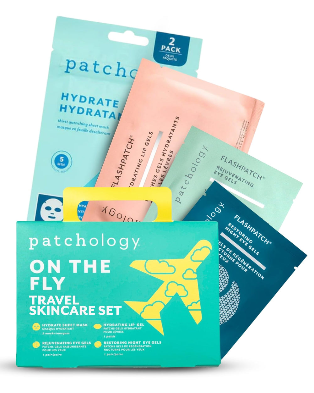 Patchology front packaging showing full travel kit and portability benefit