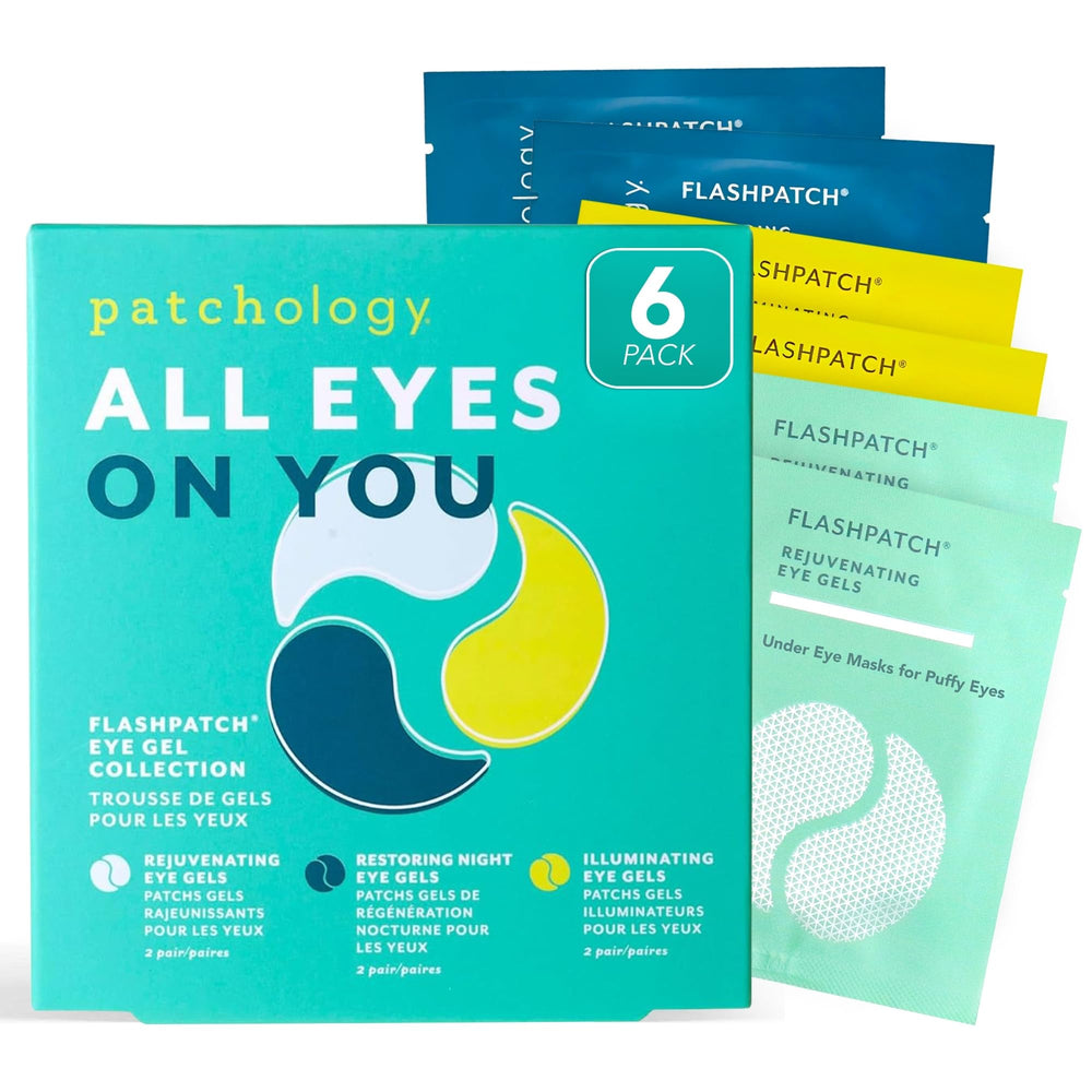 Patchology front packaging showing six pairs and benefits during travel