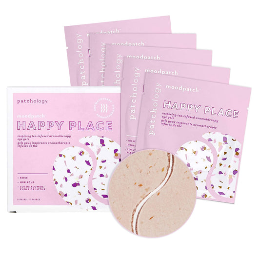 Patchology Happy Place front box showing five pairs and brightening benefit