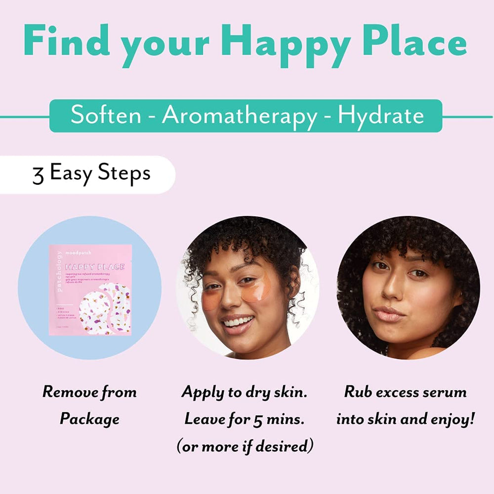 Patchology Happy Place with hibiscus petals and botanicals showcasing natural brighteners