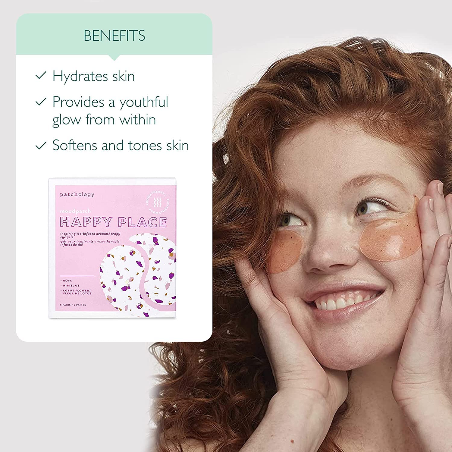 Patchology Happy Place single pair held on clean hands demonstrating ease of use