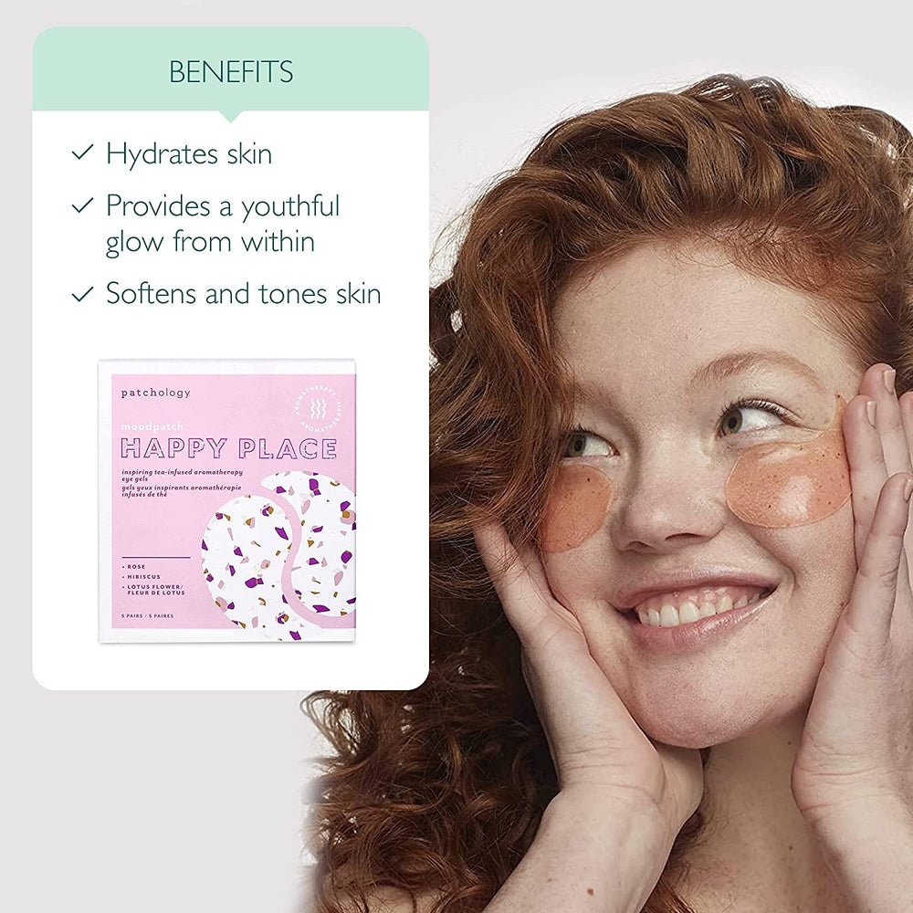 Patchology Happy Place single pair held on clean hands demonstrating ease of use