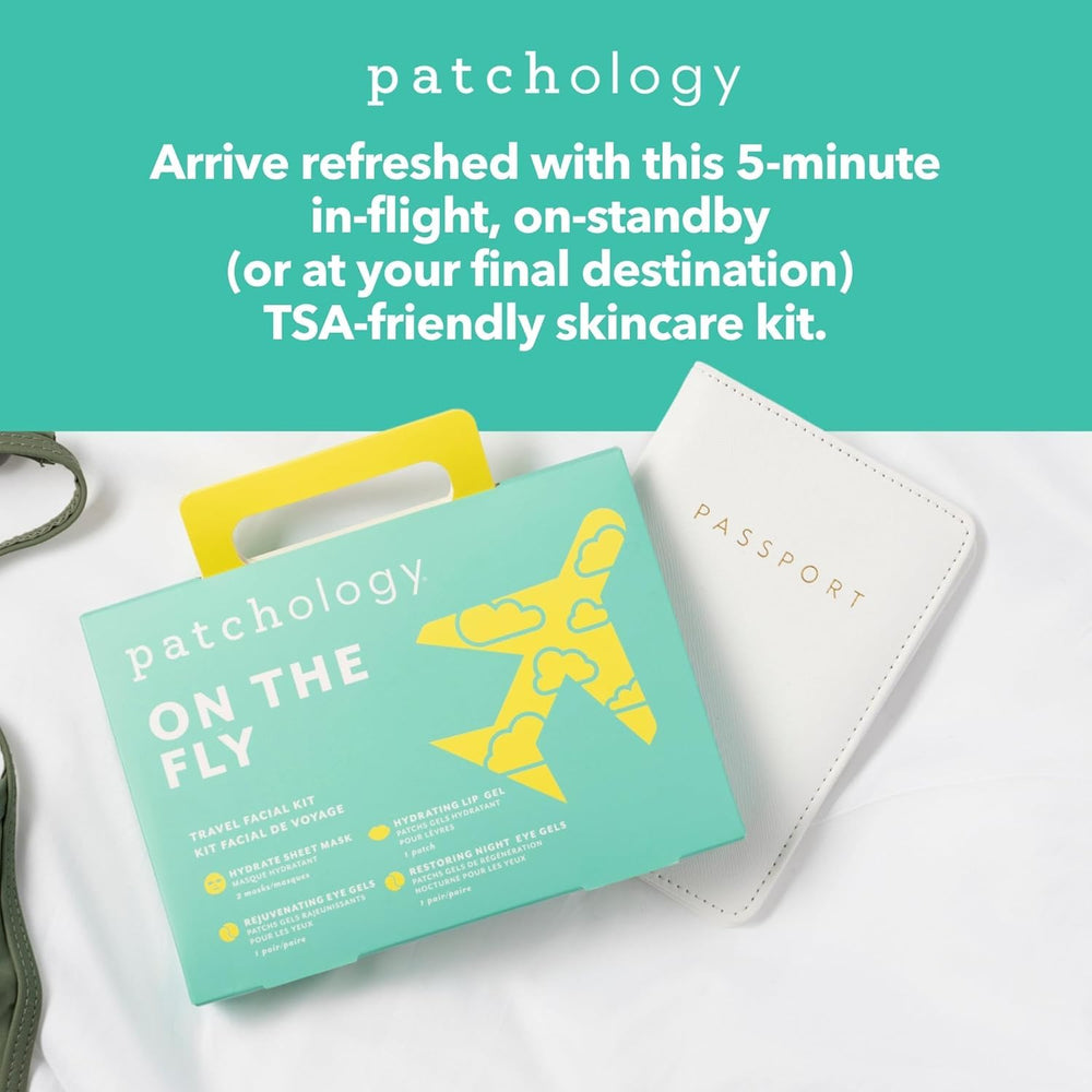 Patchology travel kit inside carry-on illustrating compact convenience