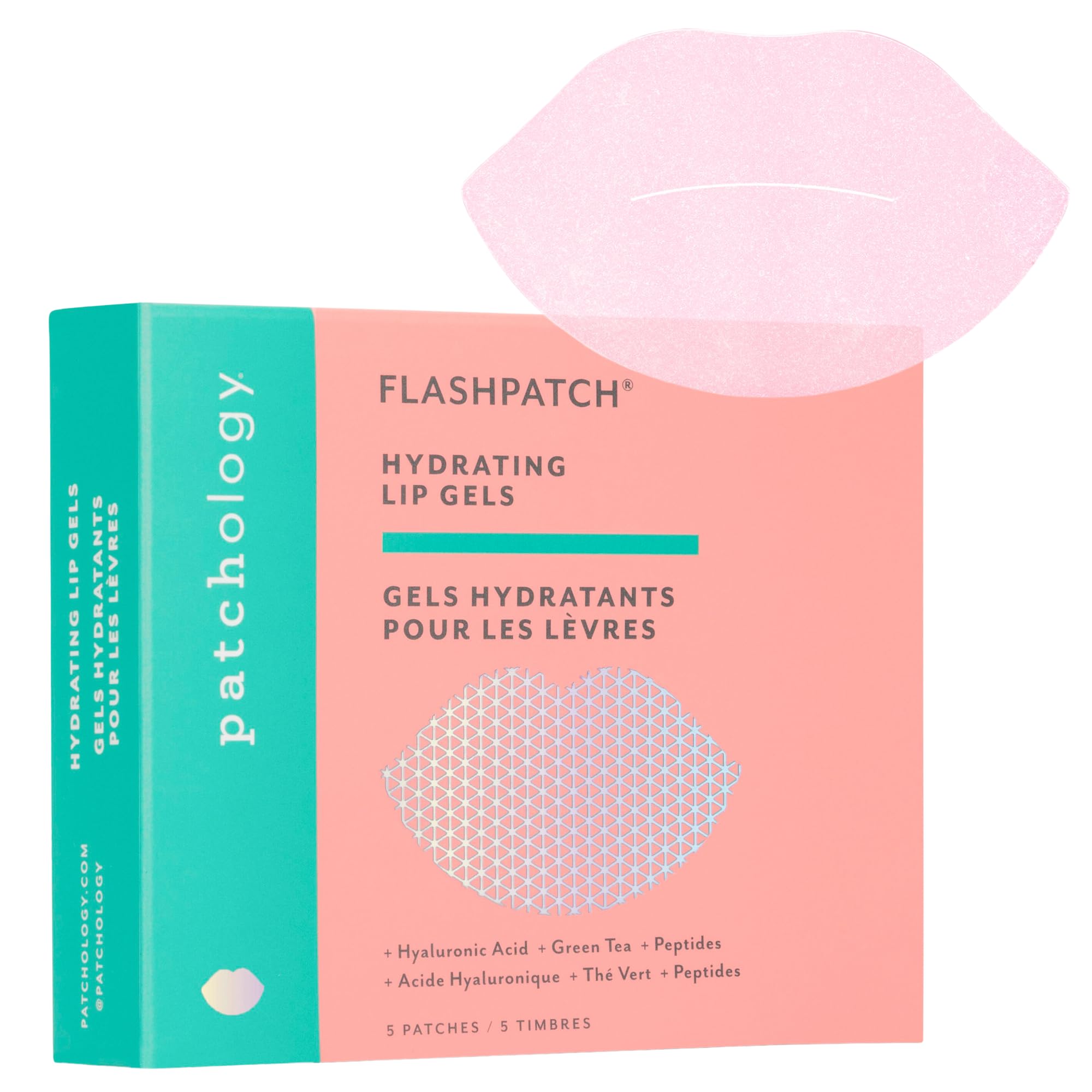Patchology front packaging showing five hydrating lip mask sachets and clear benefits