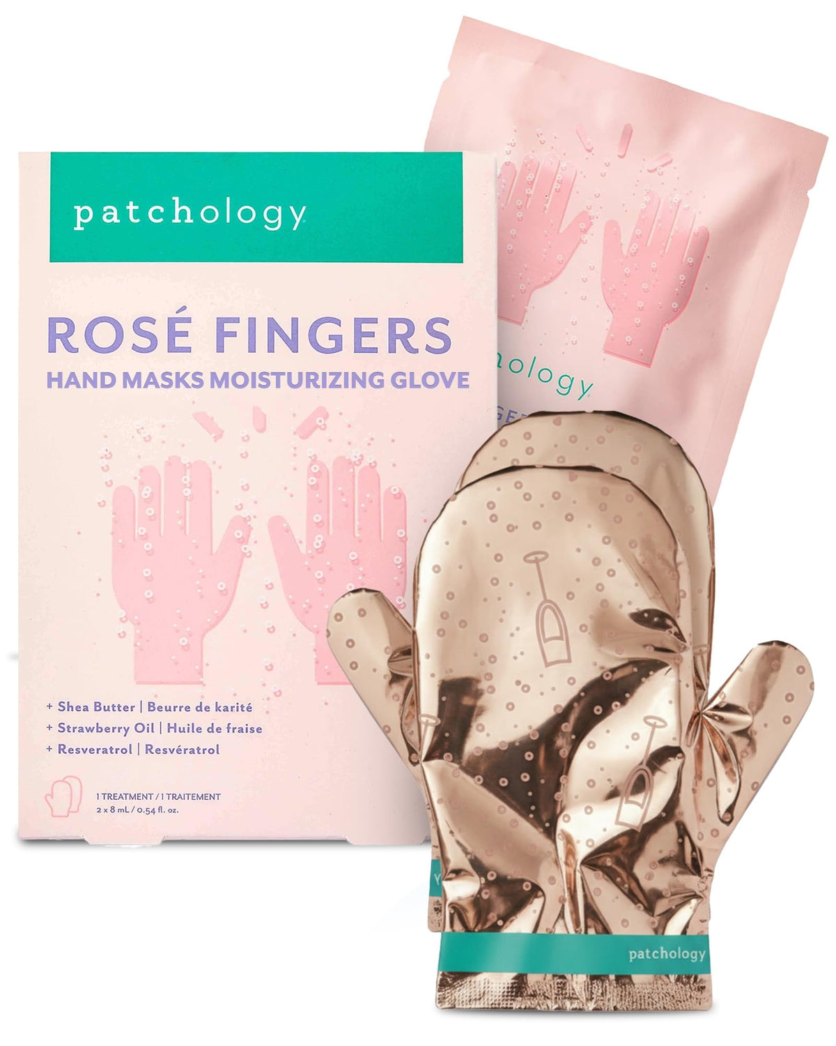 Patchology front packaging showing Rosé Fingers hand mask, enhances gifting appeal