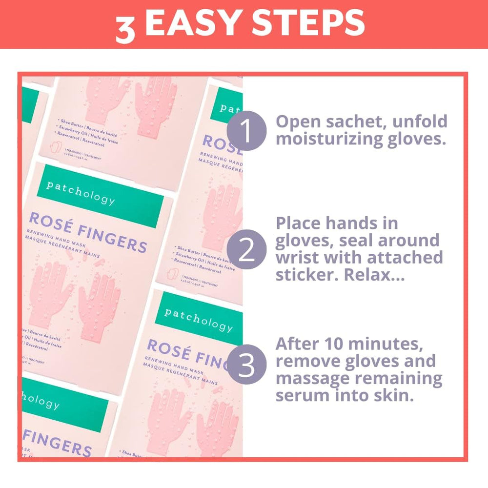 Hands wearing Patchology gloves during 10-minute treatment, promotes easy pampering