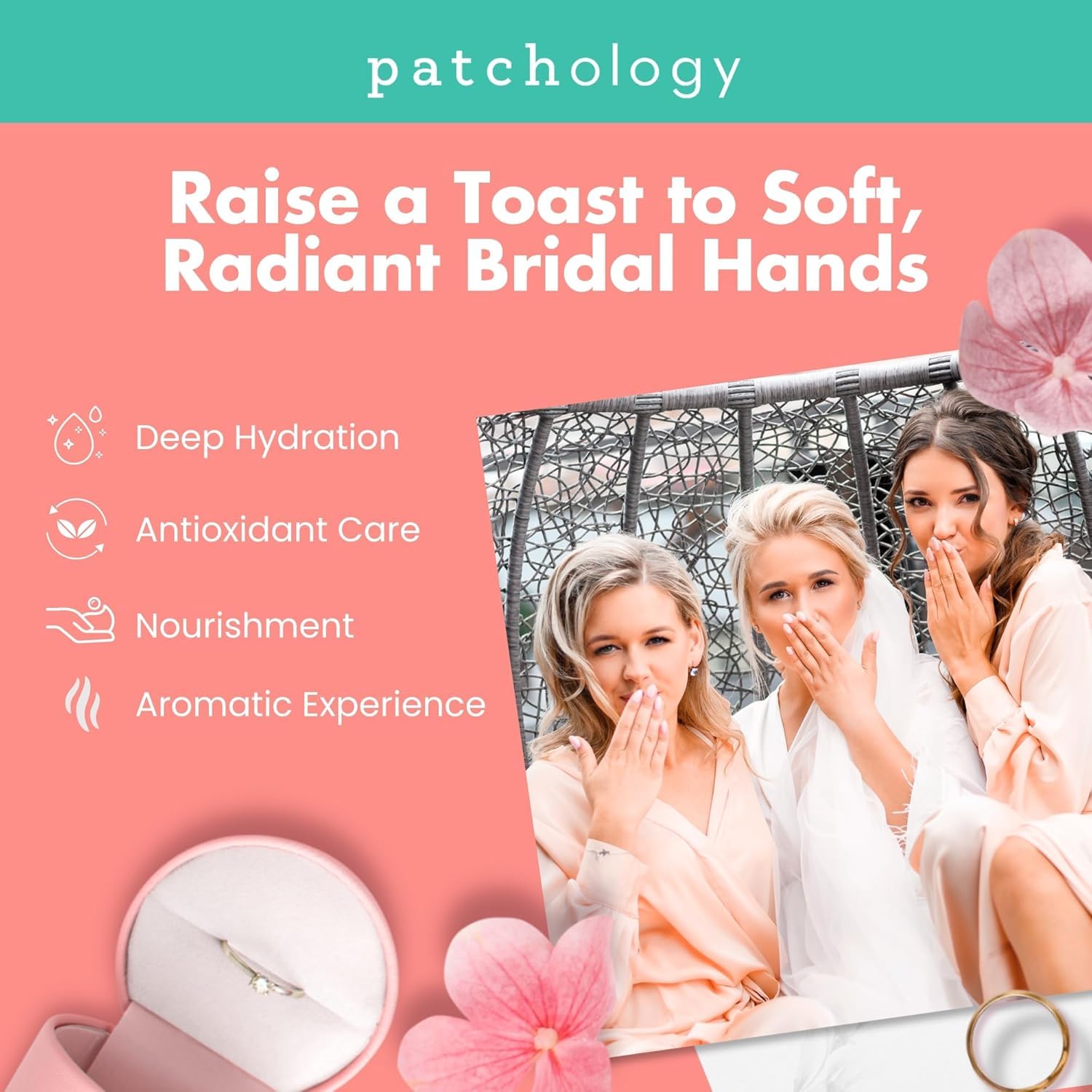 Strawberries and shea butter beside Patchology mask, emphasizes nourishing ingredients