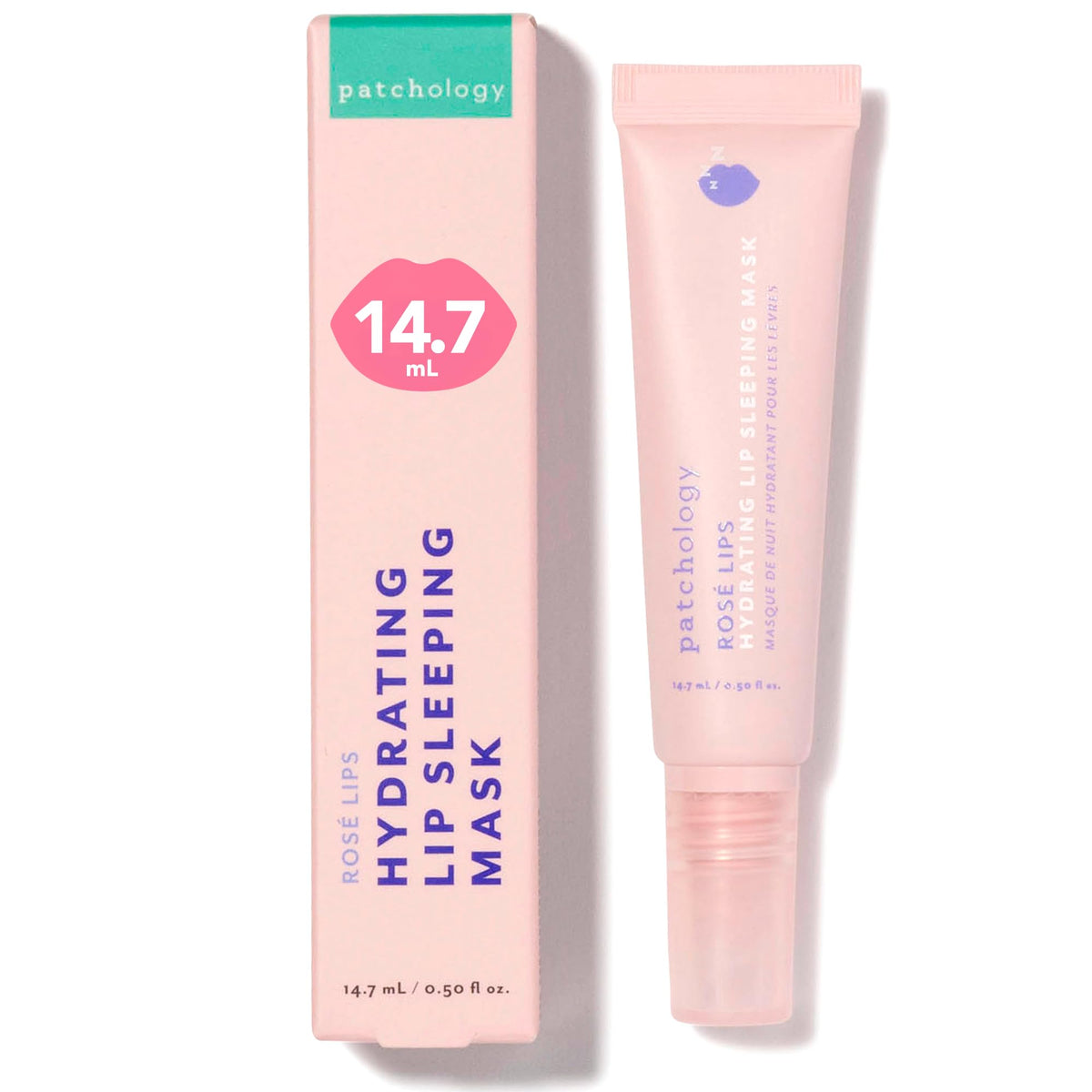 Patchology Rosé Lip Sleeping Mask jar front view showing packaging and brand benefits