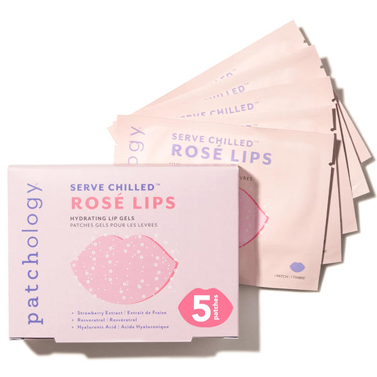 Patchology front packaging showing five strawberry-scented lip masks for quick hydration