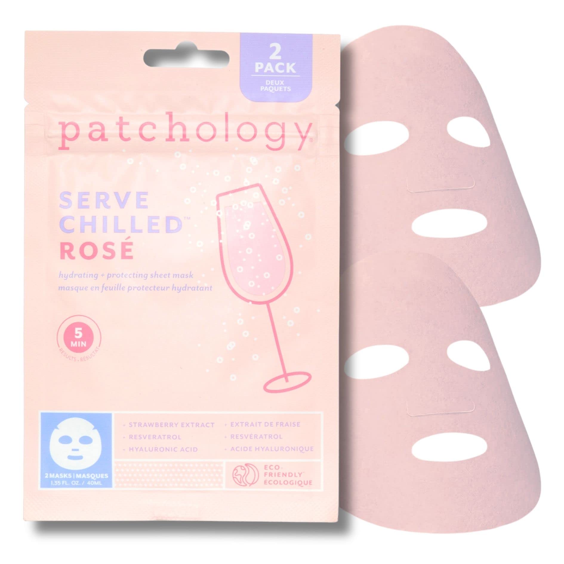 Patchology front packaging showing two rosé-scented masks and brand name, gifting benefit