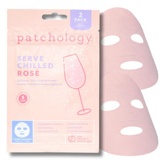 Patchology front packaging showing two rosé-scented masks and brand name, gifting benefit