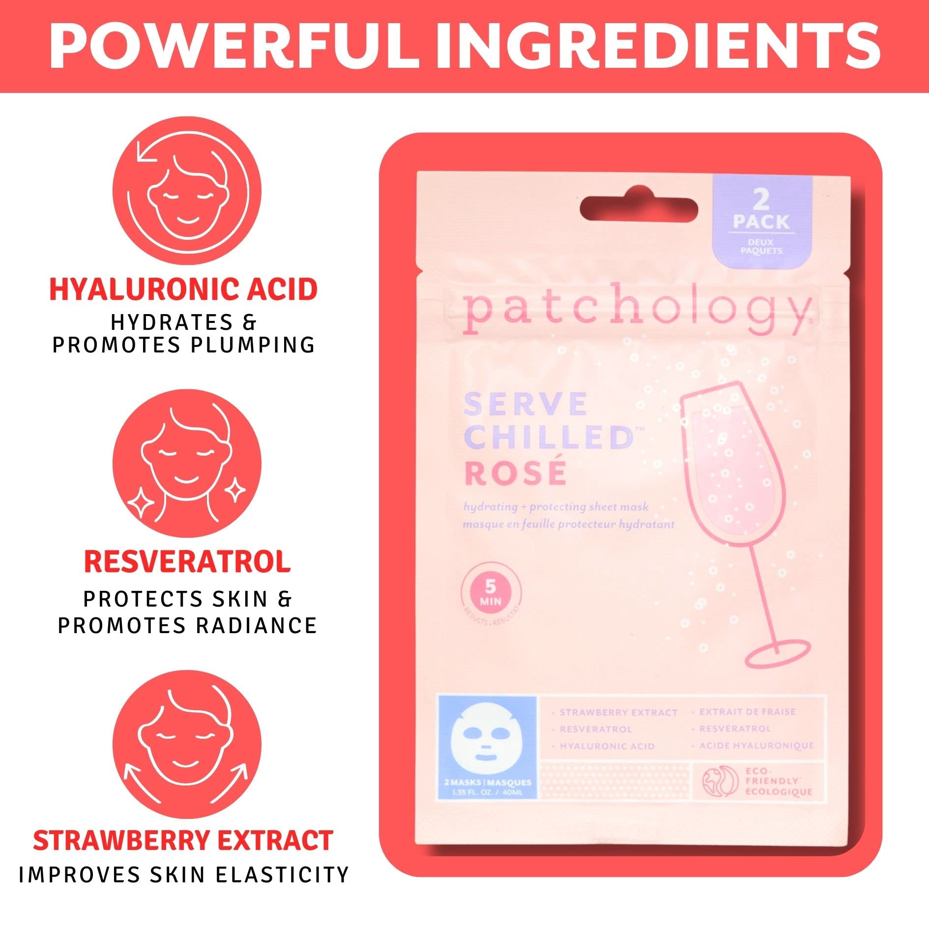 Patchology sheet mask applied to model demonstrating soothing fit and instant glow benefit