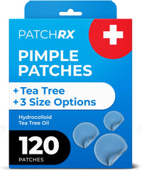 PatchRx front packaging showing 120 hydrocolloid dots and size variety, protective benefit