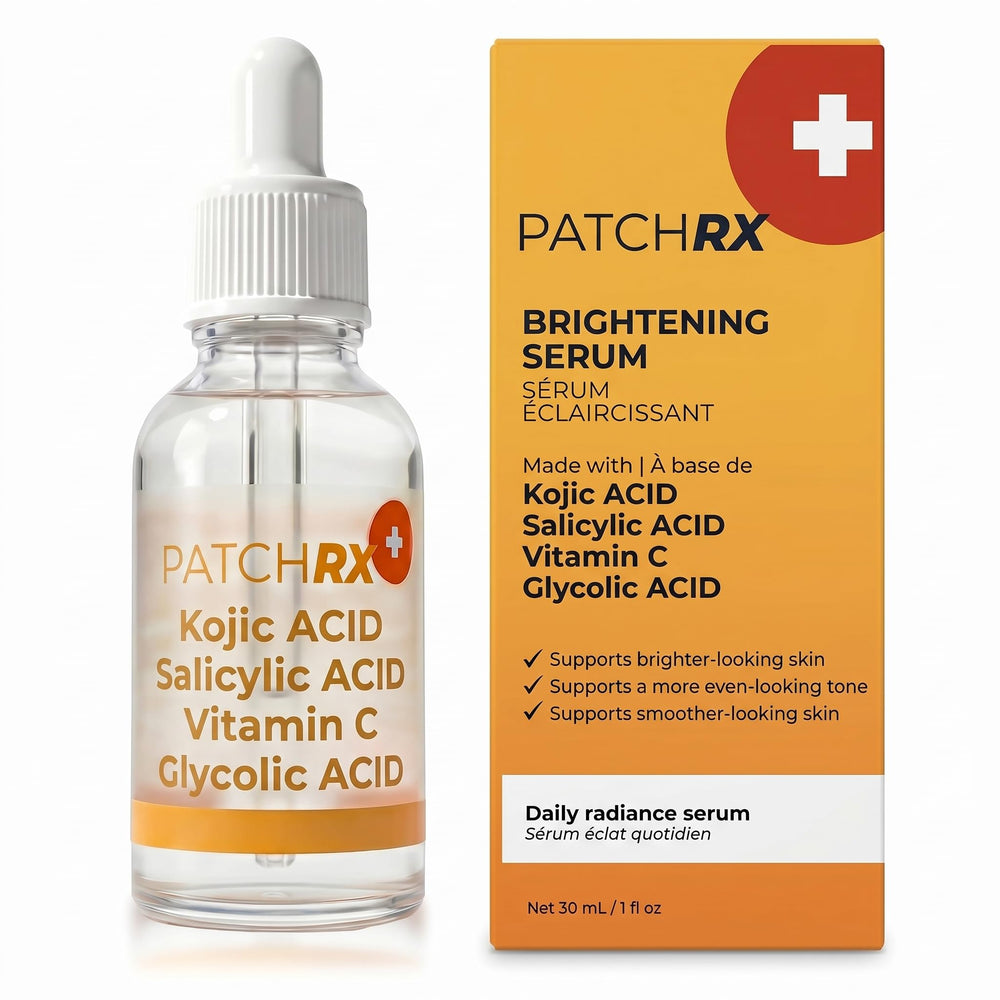 PatchRx bottle front view showing clean packaging and brightening promise