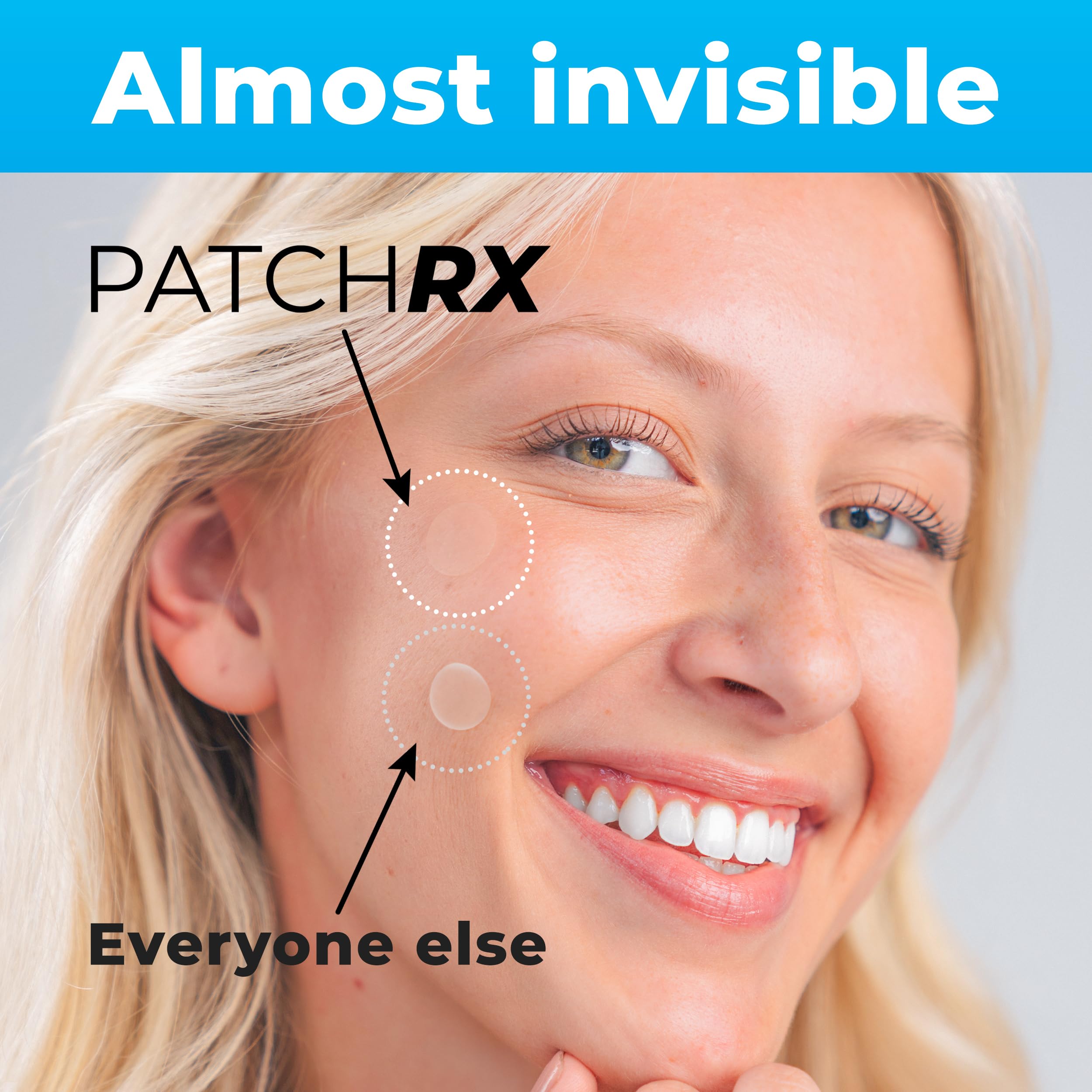 PatchRx patch applied to cheek highlighting discreet coverage and reduced touching benefit