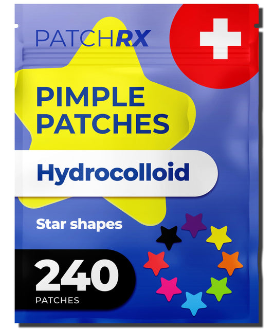 PatchRx front packaging showing 240 star pimple patches and benefits