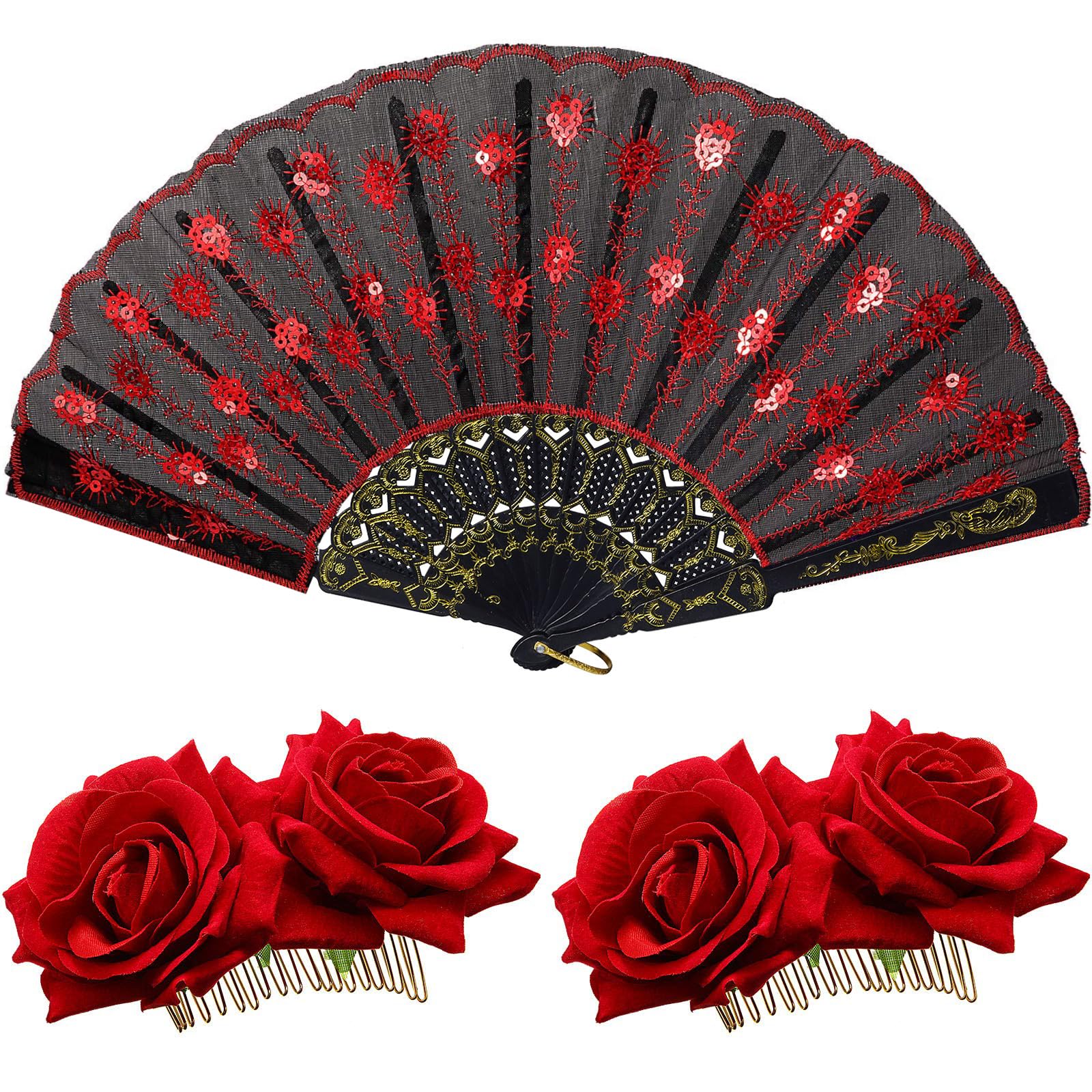 Patelai red rose hair clips and fan front arrangement showing coordinated set benefit