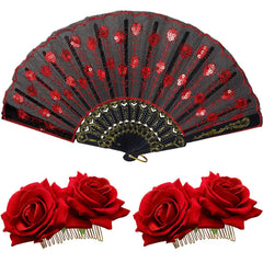 Patelai red rose hair clips and fan front arrangement showing coordinated set benefit