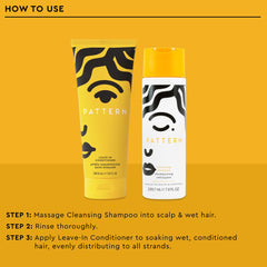 PATTERN cleansing shampoo with open cap and mild lather illustrating gentle cleansing without stripping