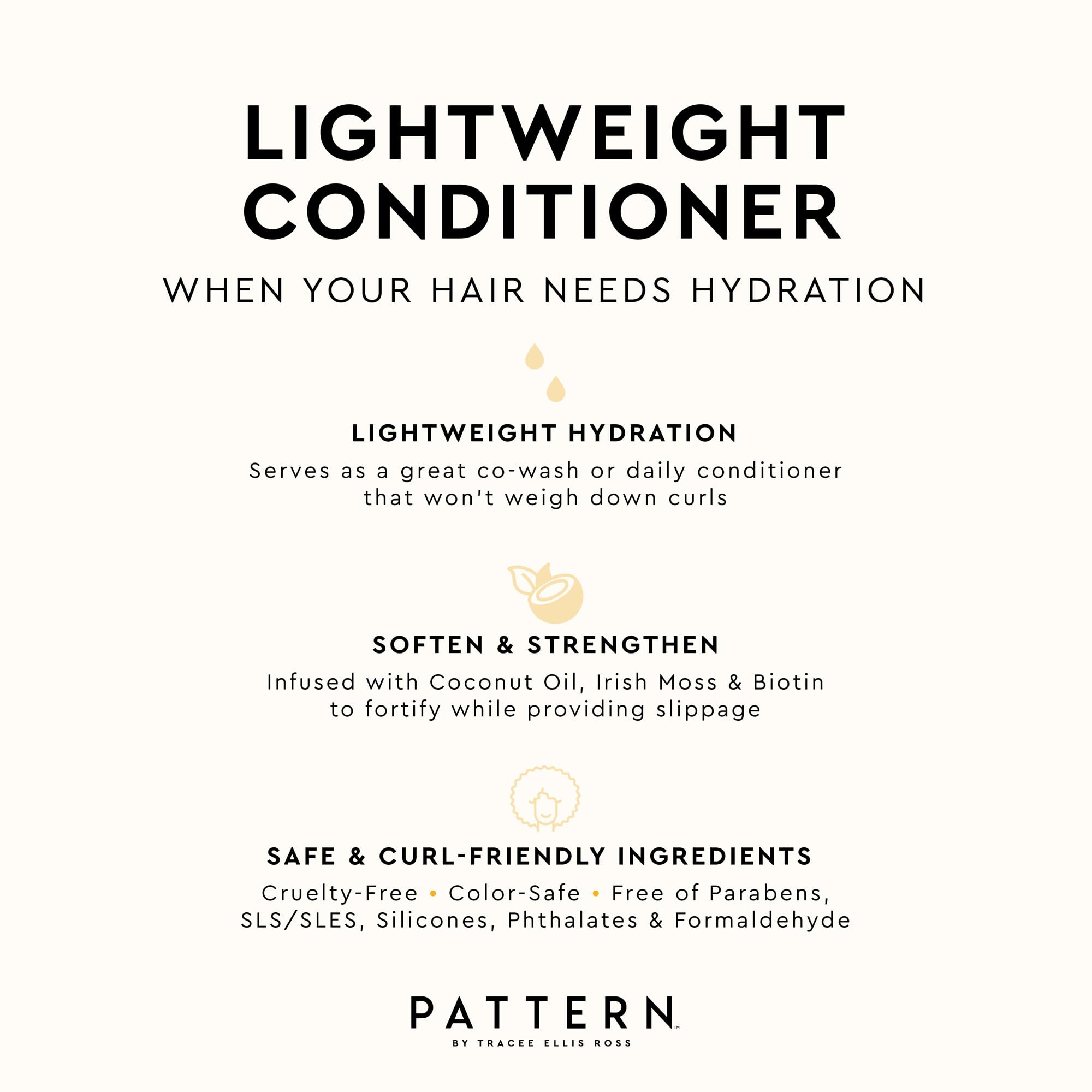 PATTERN lightweight conditioner with ingredient bottles highlighting formulation benefits