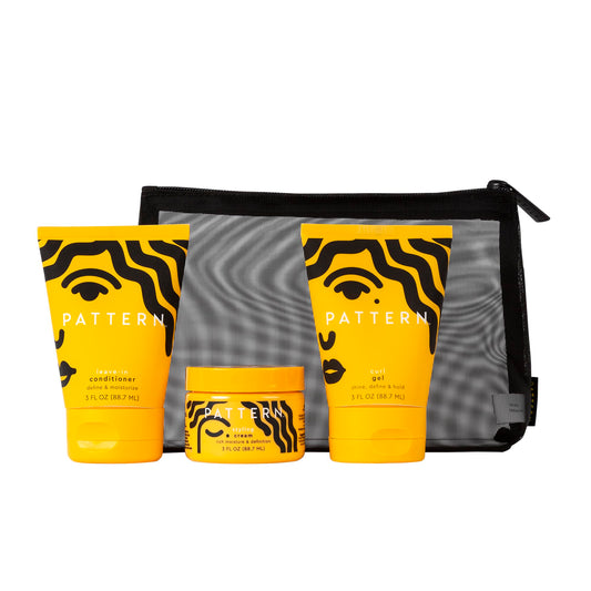 PATTERN curl cocktail kit front view showing three mini products and bag, perfect for travel