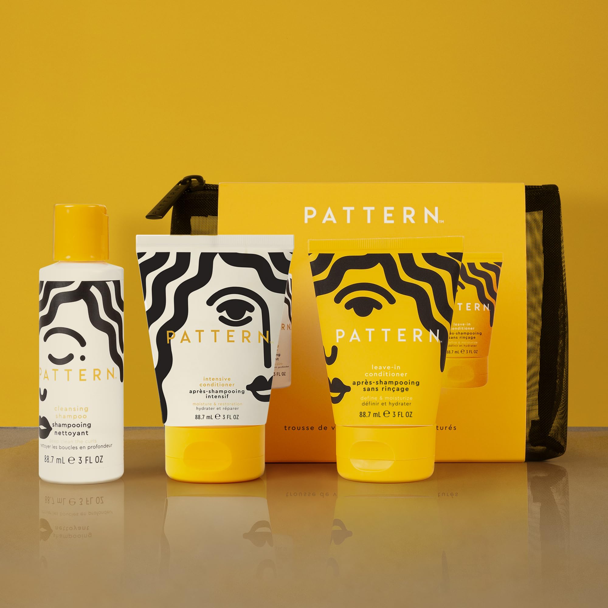 PATTERN kit staged in toiletry bag illustrating convenient travel-ready routine