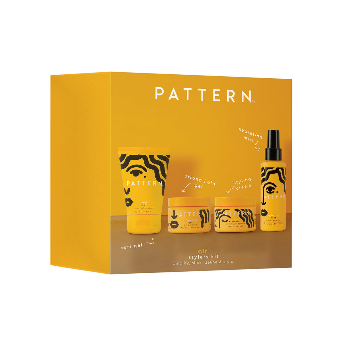 PATTERN mini stylers front packaging showing all four refillable products and portability