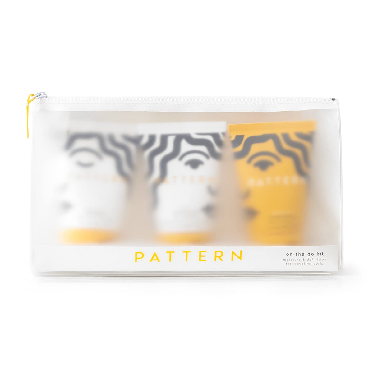 PATTERN on-the-go kit front packaging showing three 3oz bottles and clear zip bag for easy travel