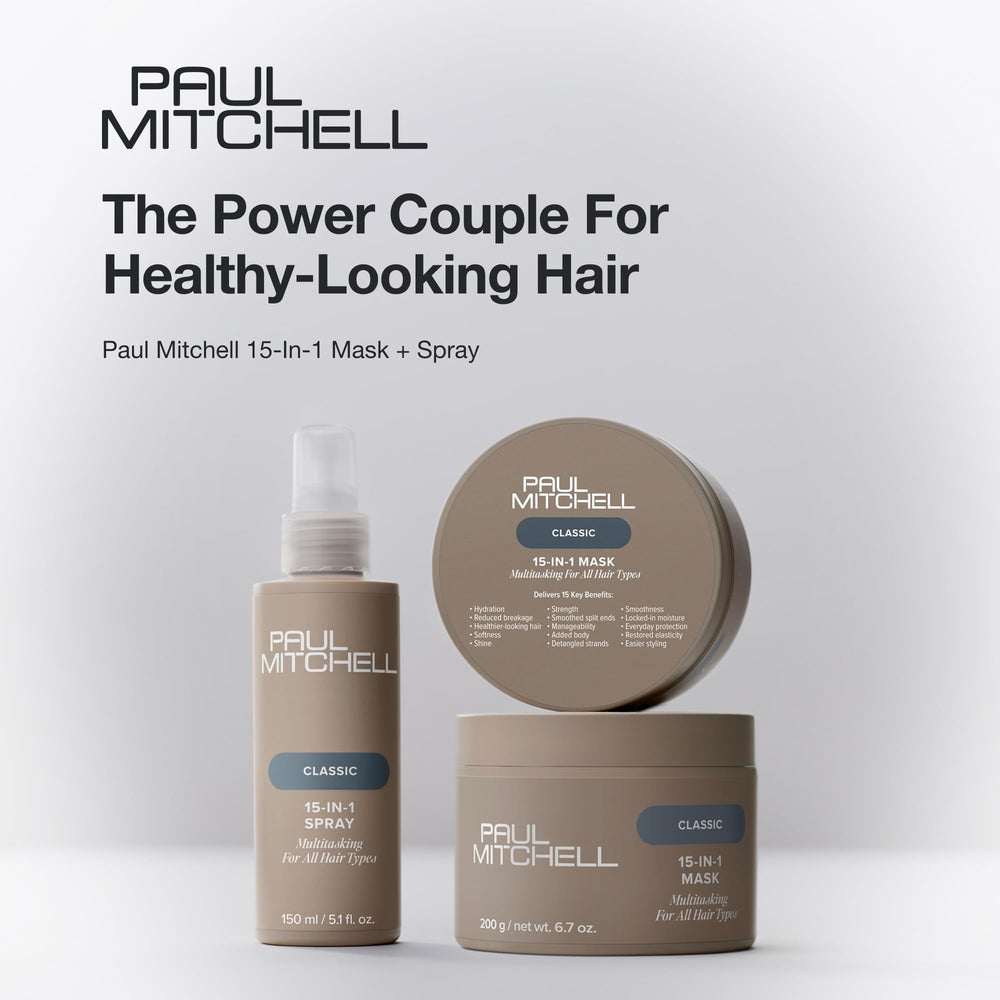Paul Mitchell 15‑In‑1 Mask on bathroom shelf in lifestyle scene highlighting everyday use