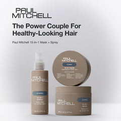 Paul Mitchell 15‑In‑1 Mask on bathroom shelf in lifestyle scene highlighting everyday use