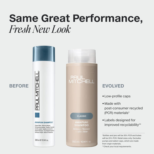 Paul Mitchell Awapuhi back label with product details and recyclable packaging info