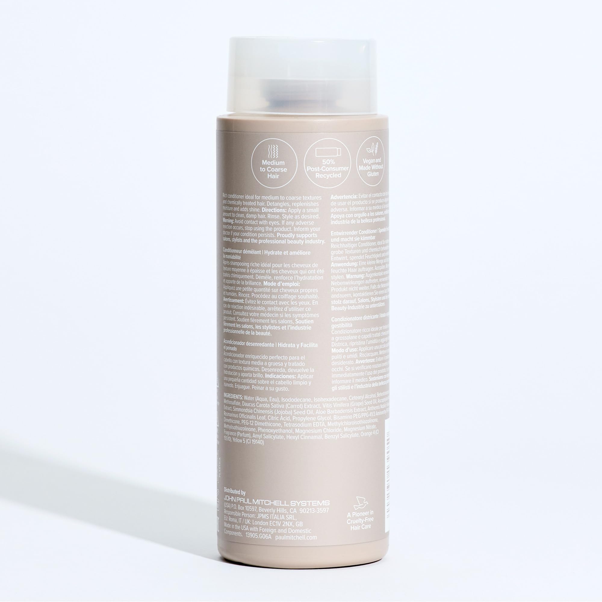 Paul Mitchell detangler recycled packaging badge highlighting eco-friendly benefit