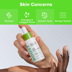Paula's Choice bottle beside vitamin C and licorice visuals indicating active ingredients